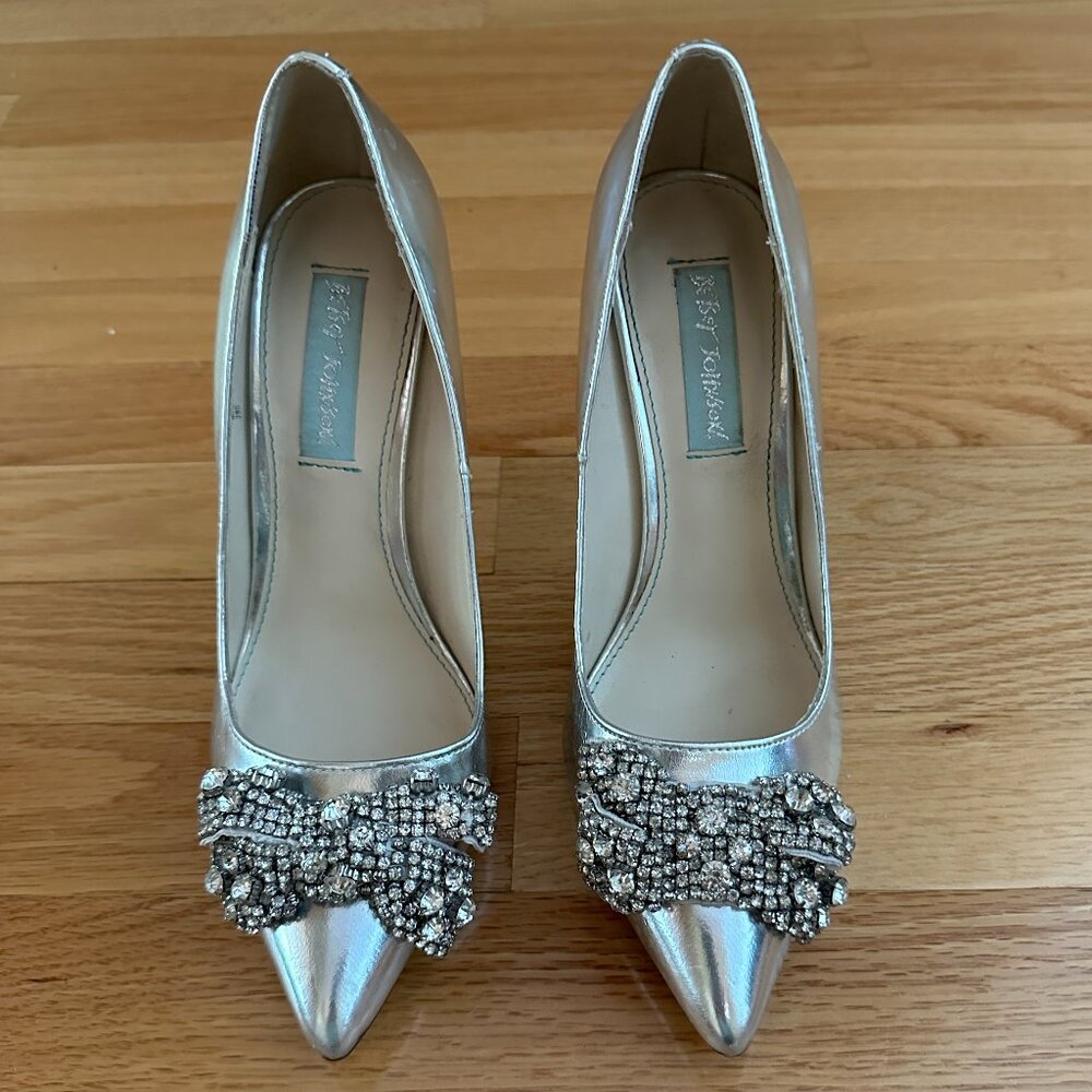 Betsey Johnson Silver Heels with Rhinestone Bow